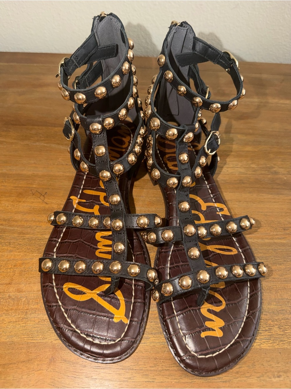 Sam Edelman Black Leather Gladiator Sandals with Gold Studs